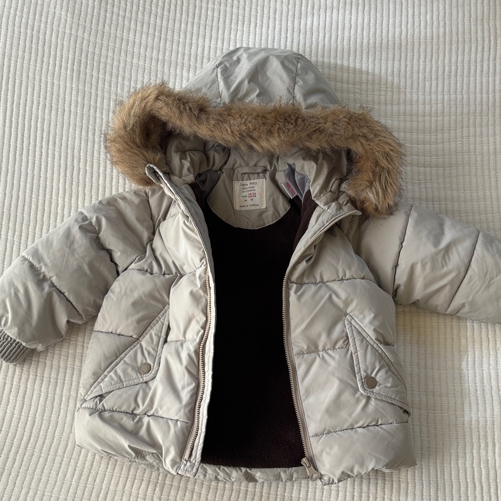 Zara Baby Gray Puffer Jacket with Faux Fur Trim Hood - Picture 5 of 14